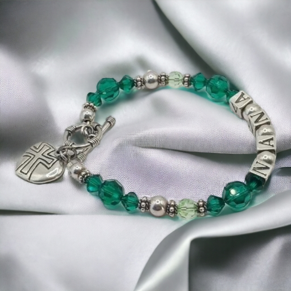 Green and silver "Nana" bracelet, silver heart charm..925,